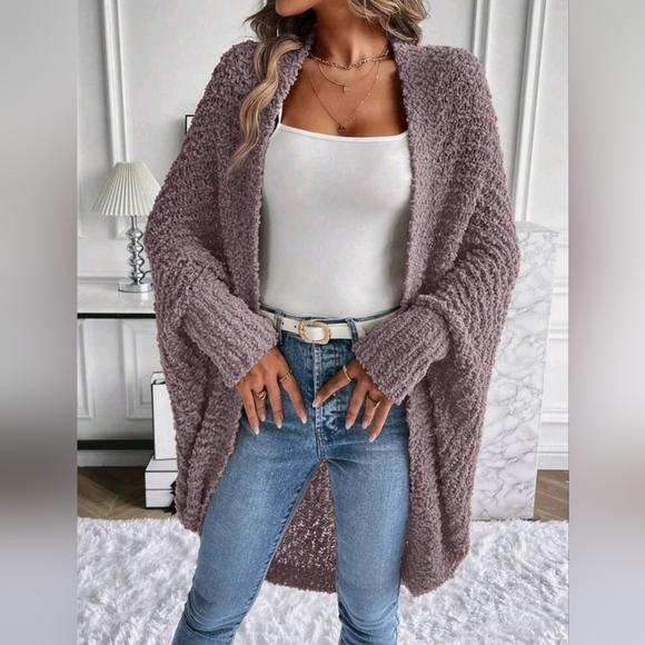 NEW Chic Textured Knit Cocoon Cardigan Sweater Muted Purple - Picture 4 of 8